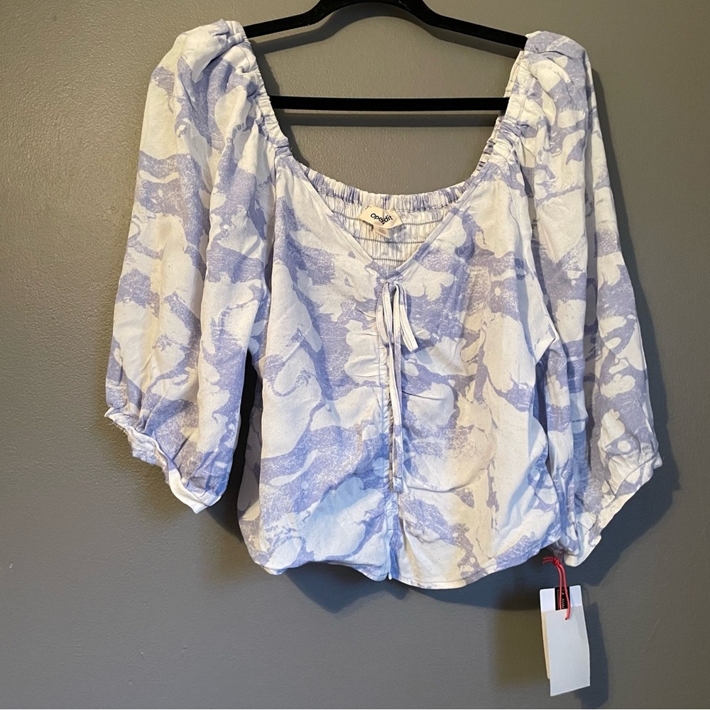NWT Open Edit Sz 2X Womens Puff Sleeve Marble Babydoll Blouse Top Shirt Ret $39!